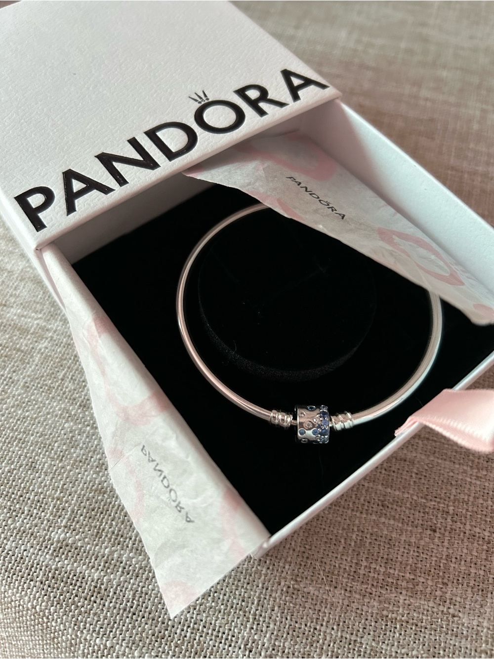 Pandora Sterling Silver Bangle with Blue Crystal Barrel Clasp - Picture 3 of 4
